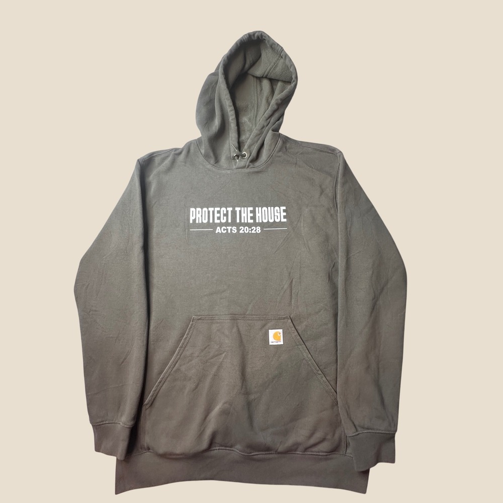 Carhartt Hoodie Men L K121 Loose Fit Olive Green Protect The House Staff Graphic